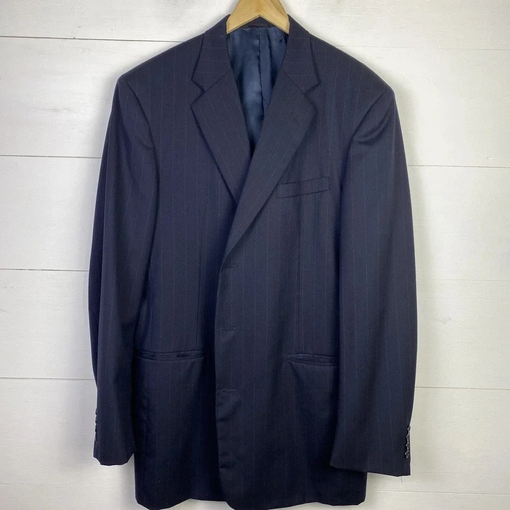 VTG‎ Tom James Blazer Navy Pinstripe 44-46L? Sport Coat USA Made Academia